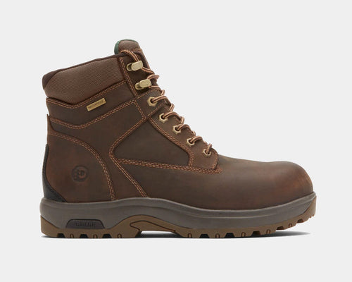Dunham 8000WORKS Safety Plain Toe work boots in dark brown leather with waterproof construction and slip-resistant outsole, side view.