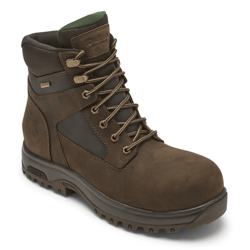 Dunham 8000WORKS Safety Plain Toe work boots in brown leather with lace-up closure, padded collar, and durable outsole, side angle view.