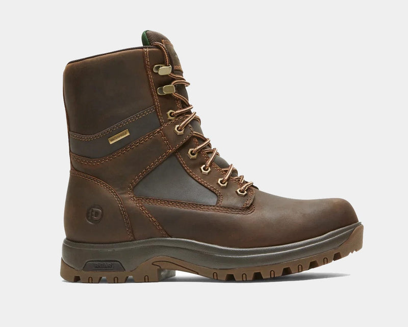 Dunham 8000Works Waterproof 8-Inch Plain Toe Boot in brown leather with reinforced toe, rugged outsole, and lace-up design, side view.