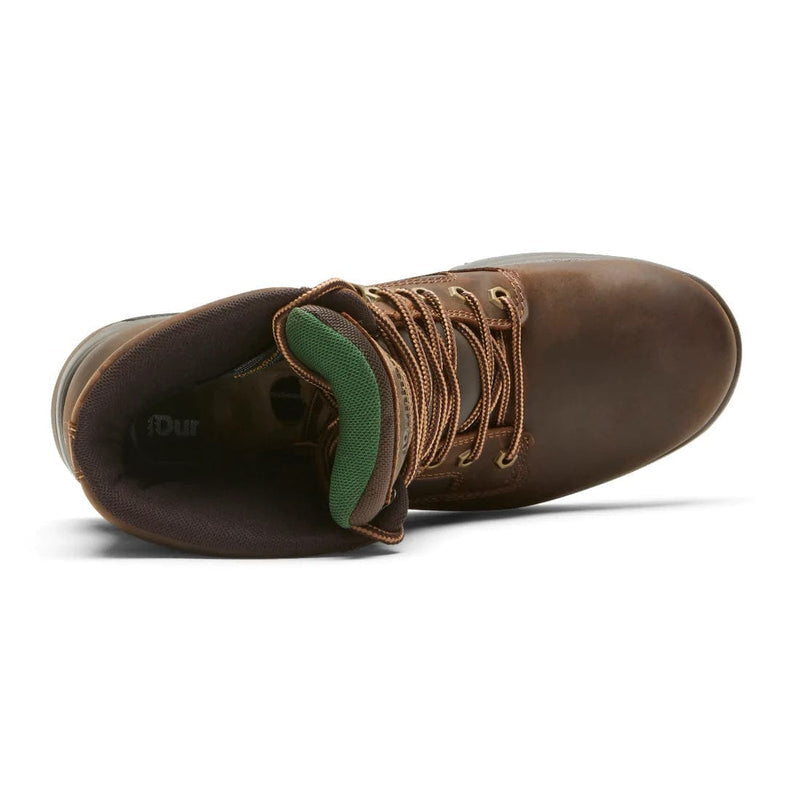 Dunham 8000Works Waterproof 8-Inch Plain Toe Boot, brown leather with green padded collar and lace-up design, top view.