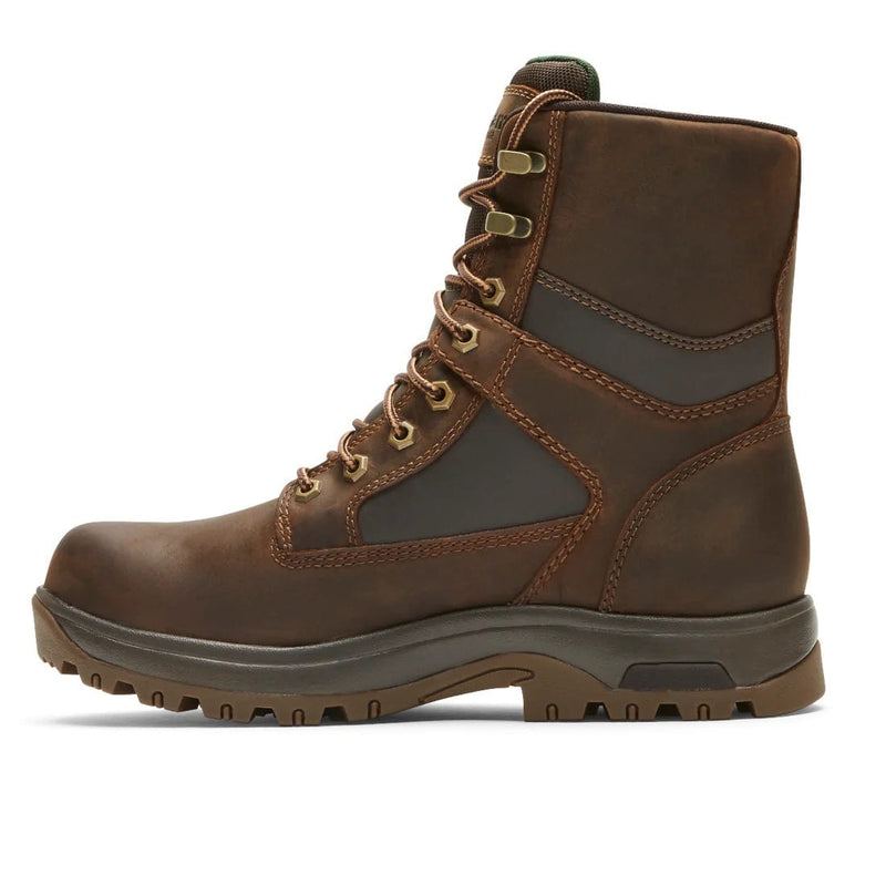 Dunham 8000Works Waterproof 8-Inch Plain Toe Boot in brown leather and dark accents with rugged sole, side view.