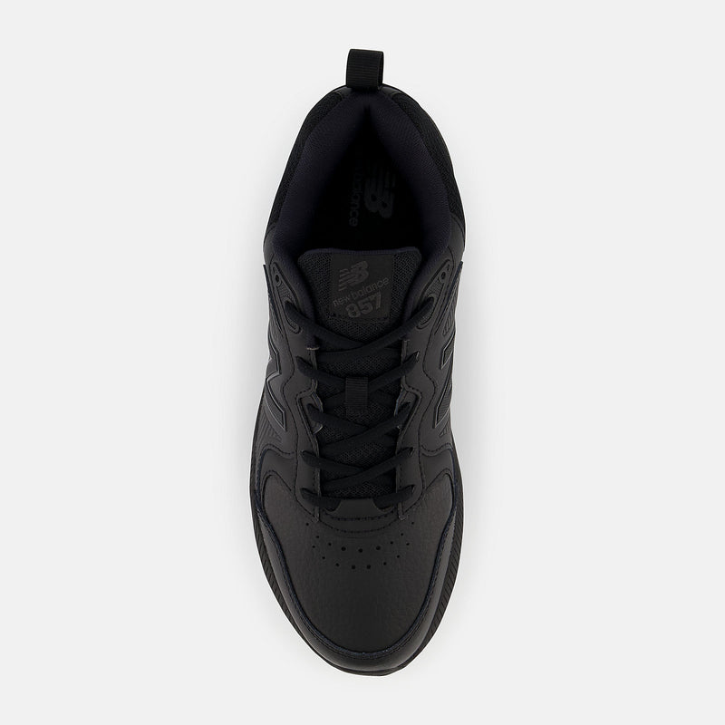 New Balance 857v3 Slip Resistant shoes in black with leather upper and lace-up design, top view.