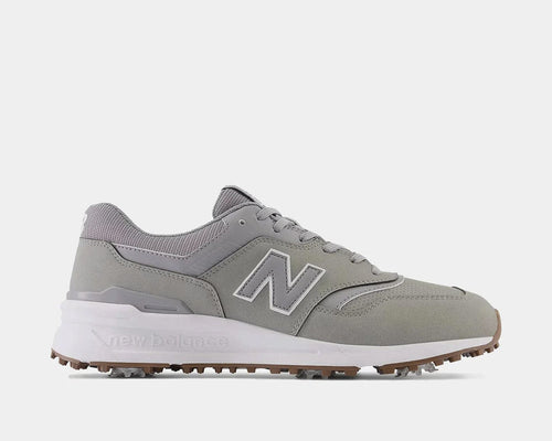 New Balance Golf 997 Golf shoes in light gray with synthetic upper, white midsole, and spiked outsole, side view.