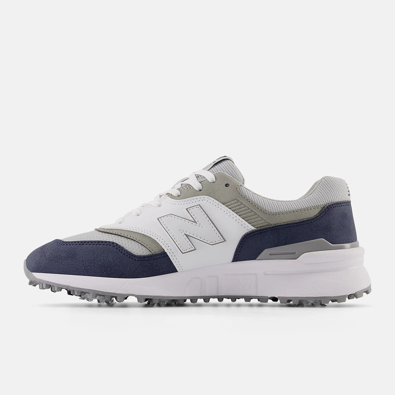 New Balance Golf 997 Golf shoes side view in gray, white, and navy with mesh upper, suede accents, and spiked outsole.