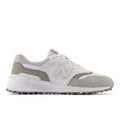 New Balance Golf 997 SL Golf shoes in white and gray with leather upper and spikeless outsole, side view.