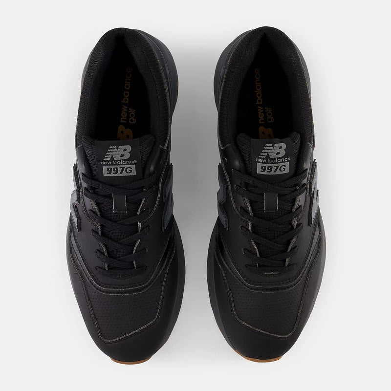 New Balance Golf 997 SL golf shoes in black with a perforated toe box and lace-up design, top view.