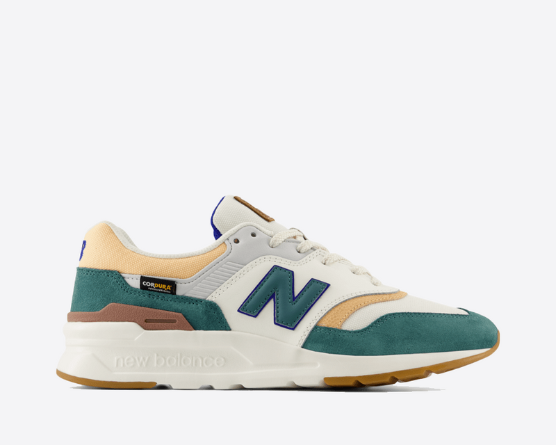New Balance 997H sneakers in off-white, teal, and tan with suede overlays and a lightweight EVA midsole, side view.