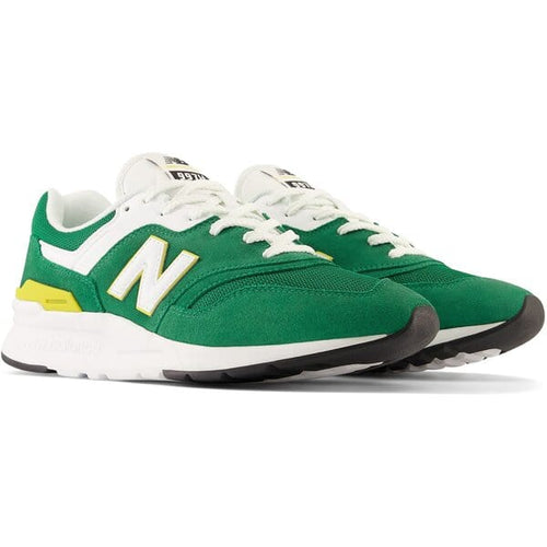 New Balance 997H sneakers in green with white accents, mesh upper, and lightweight EVA midsole, front angled view.