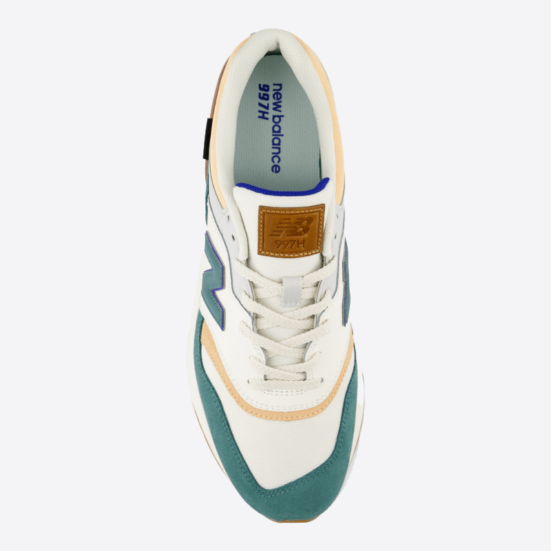 New Balance 997H sneakers in cream, tan, teal, and blue with mesh upper, suede overlays, and lace-up closure, top view.