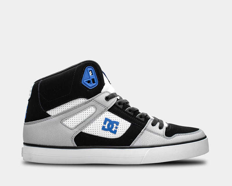 DC Footwear Pure High Top WC sneakers in black, gray, and white with perforated panels and blue logo accents, side view.