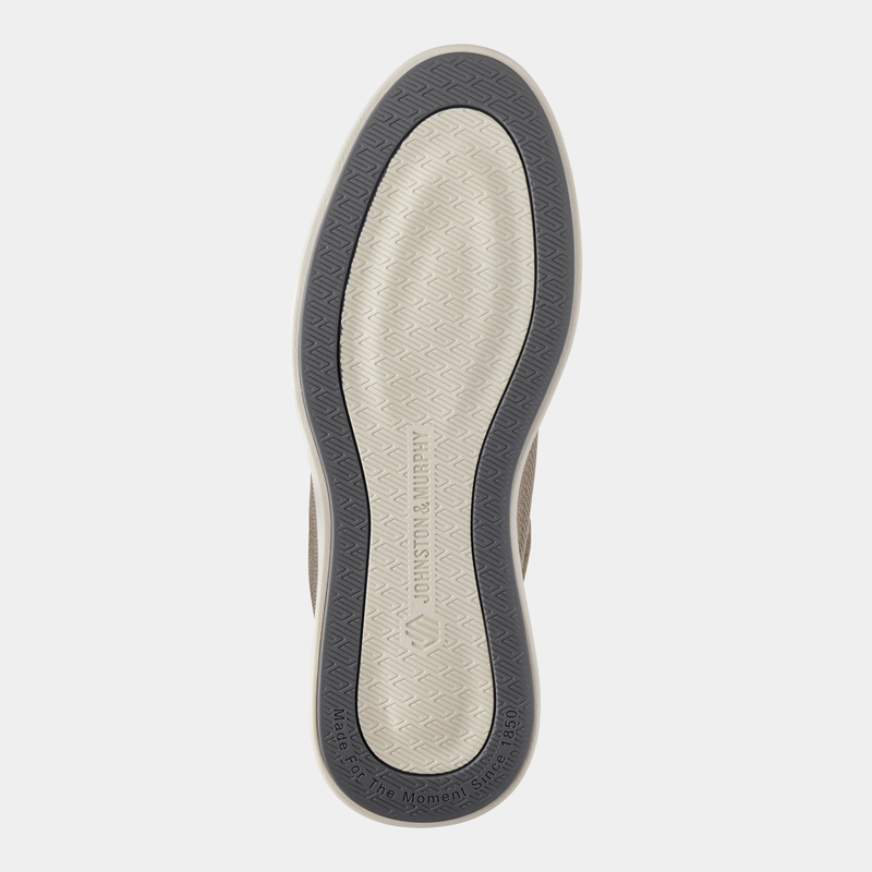 Johnston & Murphy Ackerson Knit Plain Toe outsole in beige and gray showing textured rubber tread pattern and branding.