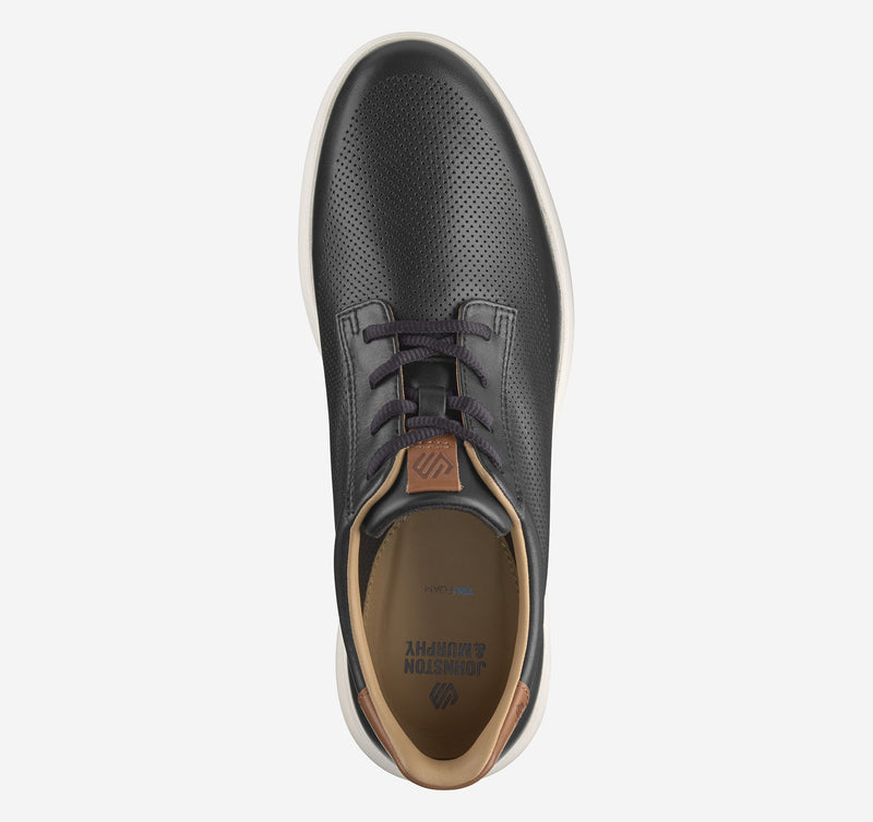 Johnston & Murphy Ackerson Perfed Plain Toe shoes in black leather with perforated upper, tan accents, and dark purple laces, top view.