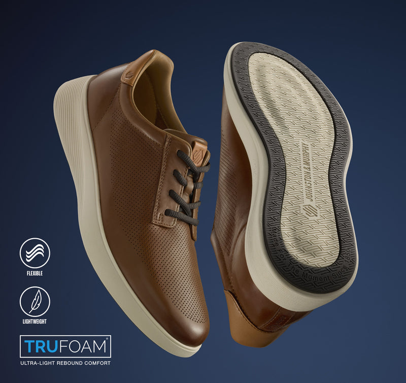 Johnston & Murphy Ackerson Perfed Plain Toe shoes, brown leather upper with perforated design, lightweight TruFoam sole, angled view showing upper and outsole.