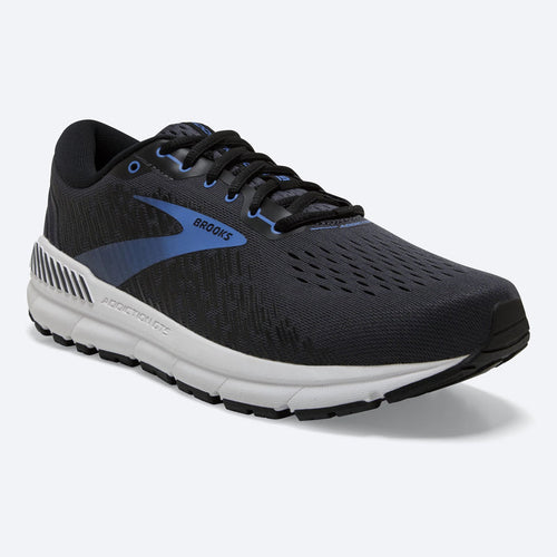 Brooks Addiction GTS 15 running shoes in black and blue with engineered mesh upper and GuideRails support system, front-angle view.