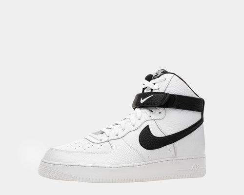 Nike Air Force 1 07 High sneakers in white leather with black Swoosh and ankle strap, side view.