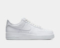 Nike Air Force 1 '07 sneakers in white leather with perforated toe box and embossed Air logo, side view.