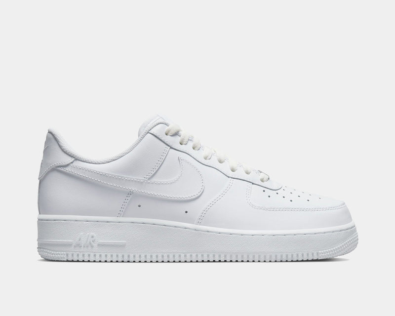 Nike Air Force 1 '07 sneakers in white leather with perforated toe box and embossed Air logo, side view.