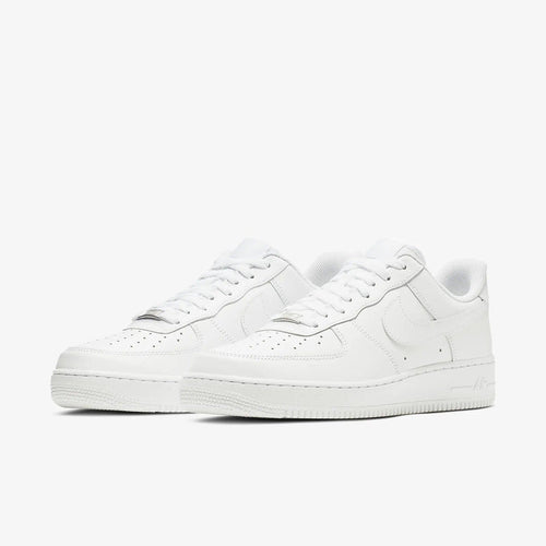 Nike Air Force 1 '07 sneakers in white leather with perforated toe box, signature Swoosh, and cushioned sole, angled front view.