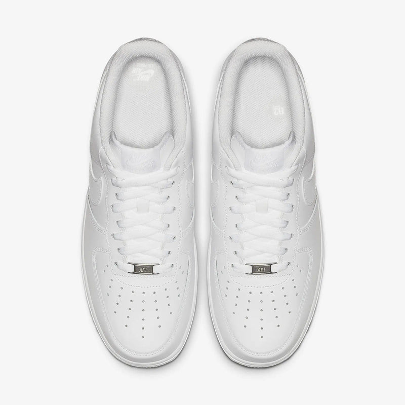 Nike Air Force 1 '07 sneakers in white leather with perforated toe box and lace design, top view.