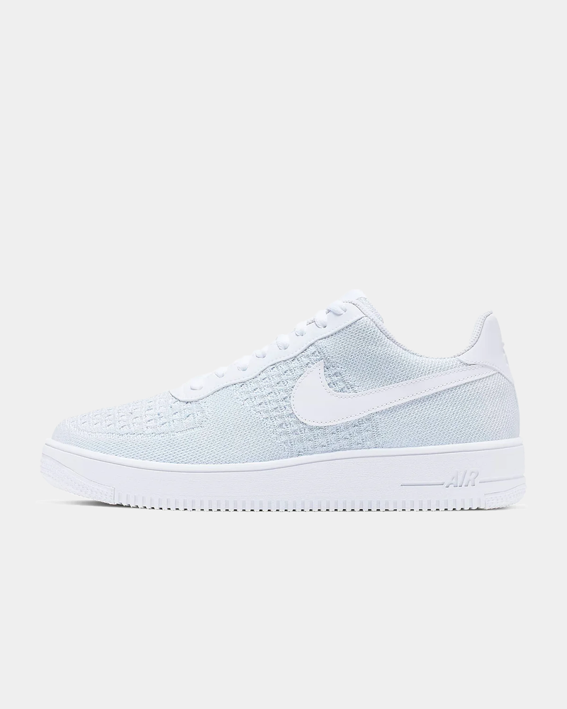Nike Air Force 1 Flyknit 2.0 sneakers in white with breathable knit upper, tonal laces, and signature Swoosh, side view.