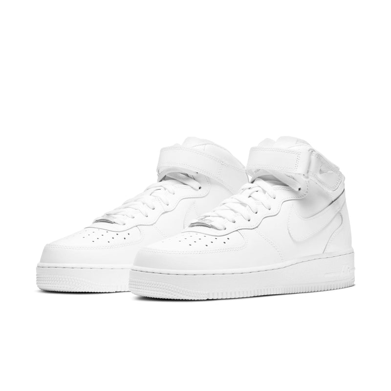 Nike Air Force 1 Mid '07 sneakers in white leather featuring perforated toe box, ankle strap, and Nike Swoosh logo, front angle view.