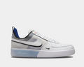 Nike Air Force 1 React sneakers in white with translucent overlays, blue heel tab, React midsole, and iconic Swoosh, side view.