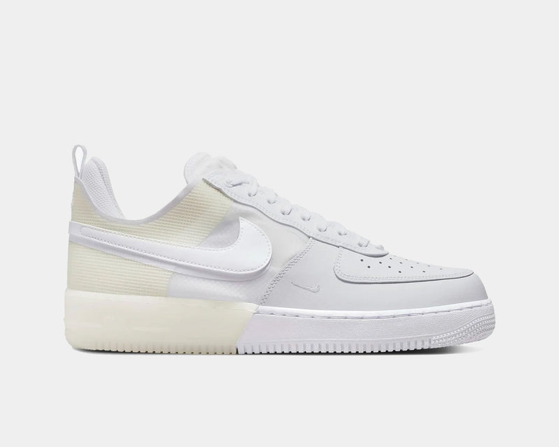 Nike Air Force 1 React shoes in white with perforated leather upper, translucent midsole, and oversized Swoosh logo, side view.