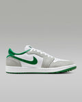 Nike Air Jordan 1 Low G sneakers in white, gray suede, and green leather with signature Swoosh logo, side view.