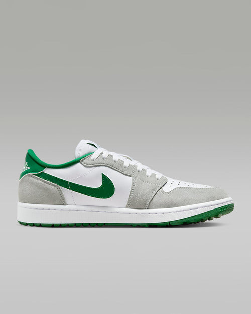 Nike Air Jordan 1 Low G sneakers in white, gray suede, and green leather with signature Swoosh logo, side view.