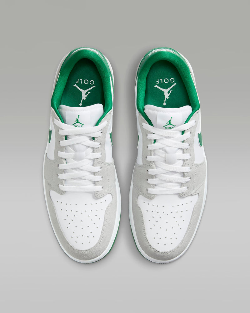 Nike Air Jordan 1 Low G golf shoes top view showing white leather upper, gray suede overlays, and green sock liner details.
