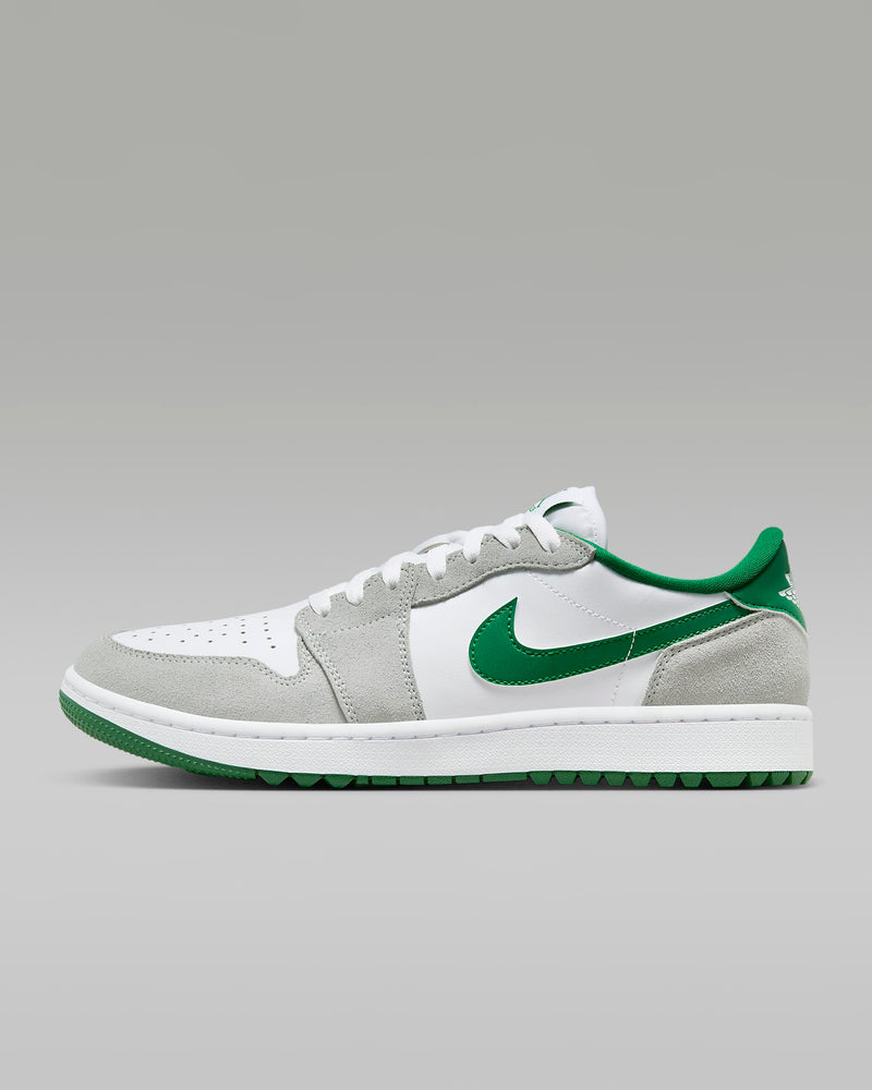 Nike Air Jordan 1 Low G sneakers in white, gray suede, and green leather with perforated toe box, side view.