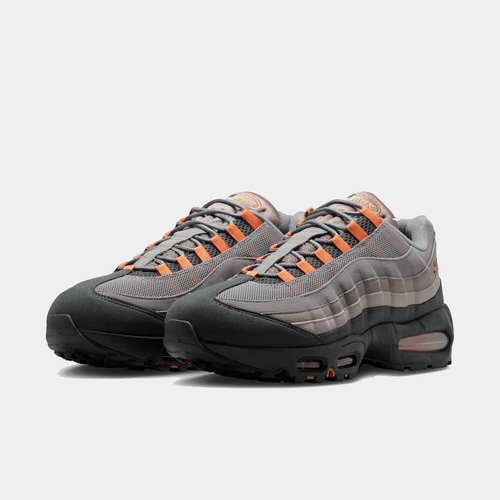 Nike Air Max 95 Big Bubble "OG" sneakers in gray and black with orange accents, front angle view.