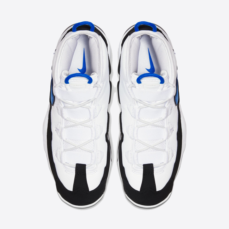 Nike Air Max Uptempo '95 basketball shoes in white with black overlays and royal blue accents, top view showing lace system and padded tongue.