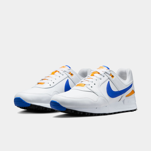 Nike Air Pegasus 89' G sneakers in white with blue Swoosh and orange accents, front angle view.