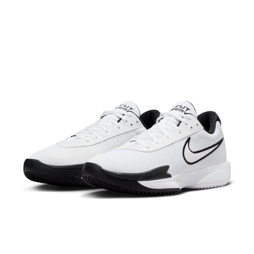 Nike Air Zoom G.T. Cut Academy basketball shoes in white with black accents, mesh upper, and Zoom Air cushioning, front-side view.