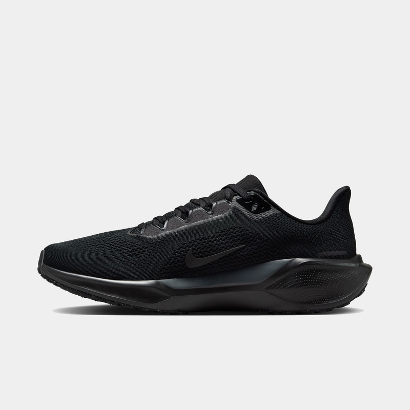 A pair of black  Nike Air Zoom Pegasus 41 running shoes with red accents on a white background.