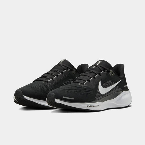A pair of black and white Nike Air Zoom Pegasus 41 running shoes with red accents on a white background.