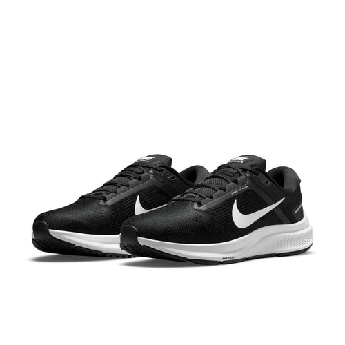 Nike Air Zoom Structure 24 running shoes in black with white Nike Swoosh, breathable mesh upper, and cushioned midsole, front angle view.