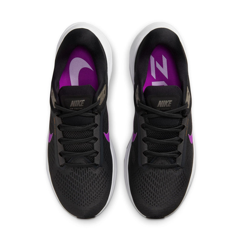 Nike Air Zoom Structure 24 running shoes in black with purple accents and mesh upper, top view showing lace system.
