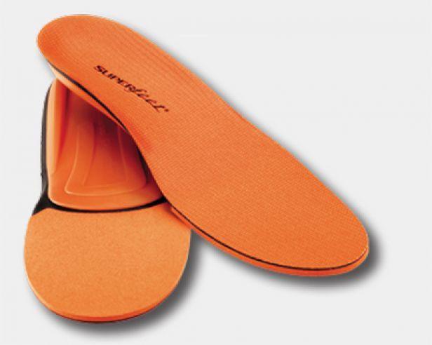 SuperFeet All-Purpose High Impact Support Insole in orange with cushioned design and arch support, angled view.