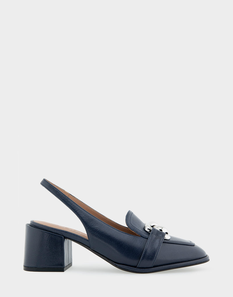 Comfortable Women's Ornamented Block Heel Slingback in Navy Leather Side View