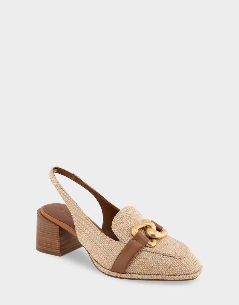 Comfortable Women's Ornamented Block Heel Slingback in Natural Raffia Side Angle View