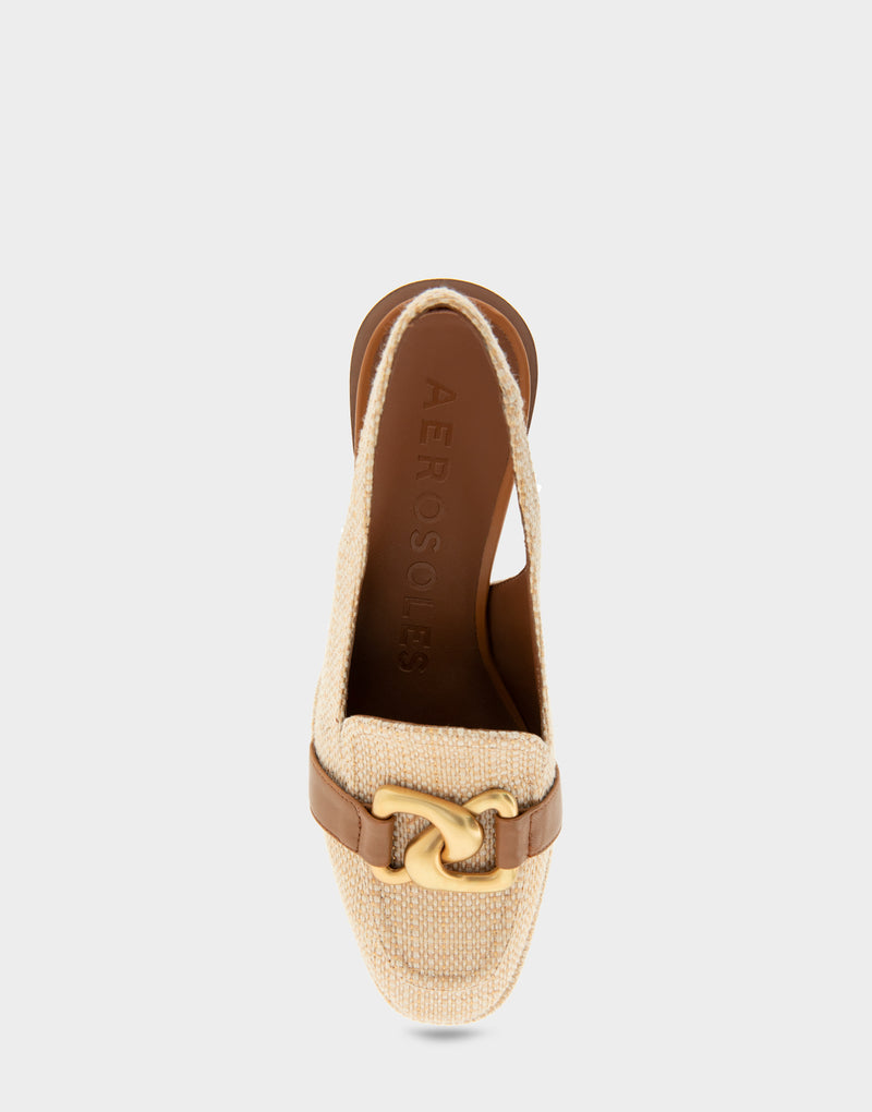 Comfortable Women's Ornamented Block Heel Slingback in Natural Raffia Full Front View