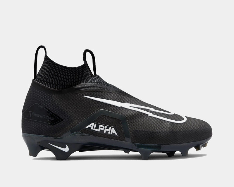 Nike Alpha Menace Elite 3 football cleats in black with textured upper, white logo accents, and TPU plate, side view.