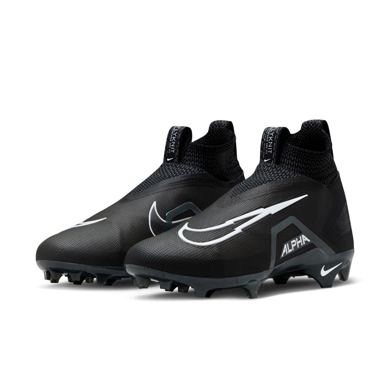 Nike Alpha Menace Elite 3 football cleats in black with white Alpha branding, Swoosh logo, and lightweight woven material, angled front view.