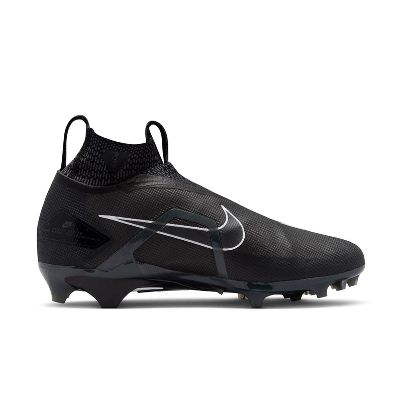 Nike Alpha Menace Elite 3 football cleats in black with Flyknit upper, ghost lacing system, and molded stud outsole, side view.
