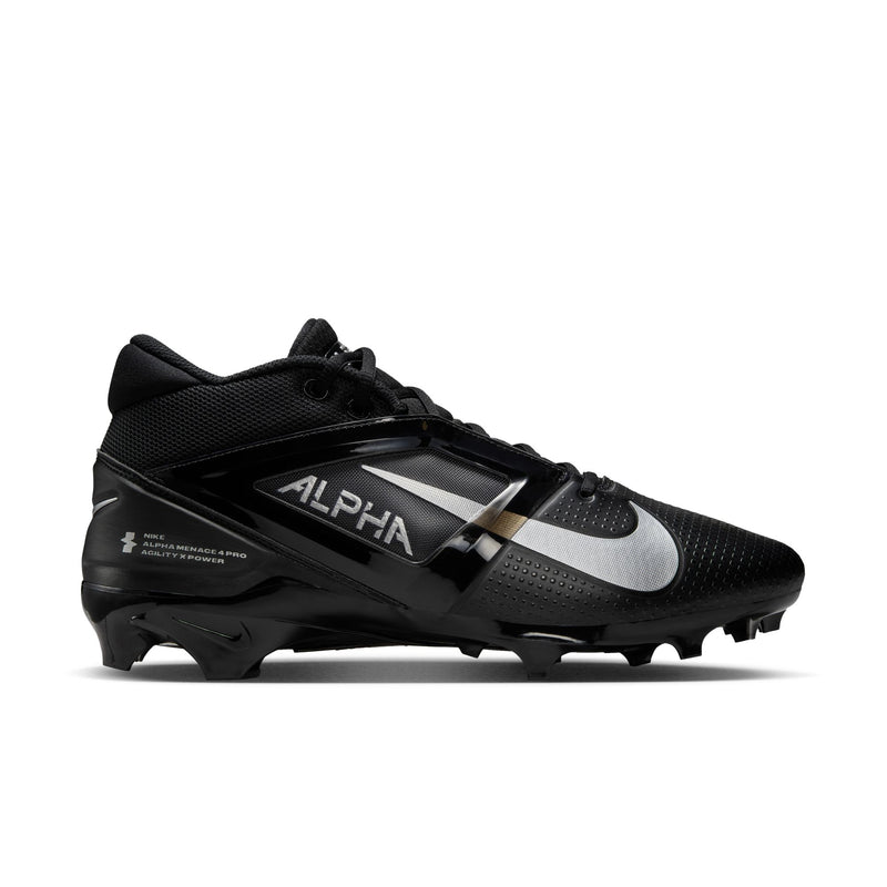 Nike Alpha Menace Elite 4 football cleats in black with silver accents and mesh upper, side view showing molded studs and sleek design