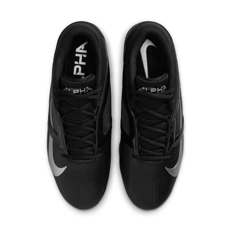 Nike Alpha Menace Elite 4 football cleats in black with textured upper, lace-up design, and silver accents, top view.