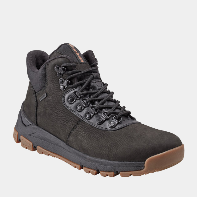 Dunham Alpine Waterproof Casual Lace-up Mid Boots in black with leather upper, rugged outsole, and secure lace-up design, front angle.