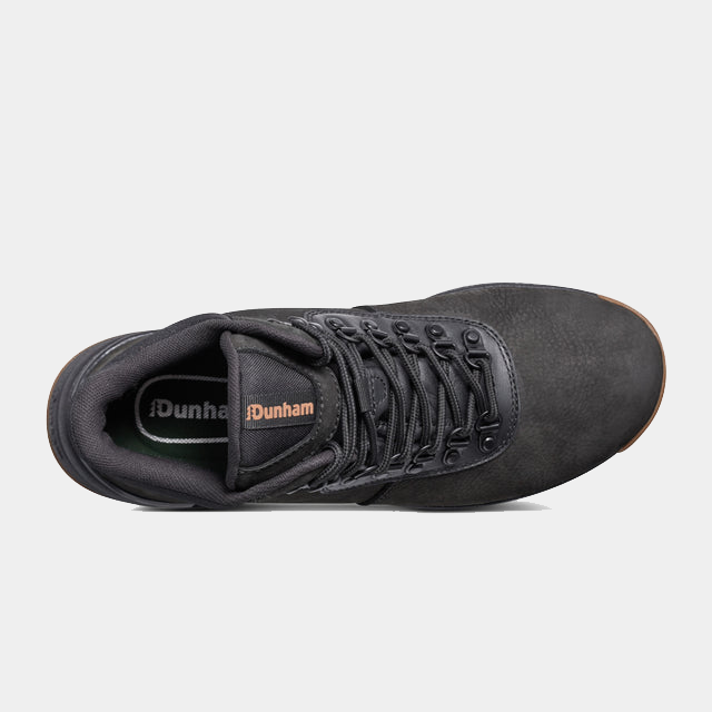 Dunham Alpine Waterproof Casual Lace-up Mid Boots in black leather with rounded toe, padded collar, and durable laces, top view.